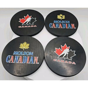 Vintage Set Of 4 Molson Canadian Team Canada Hockey Puck Drink Coasters
